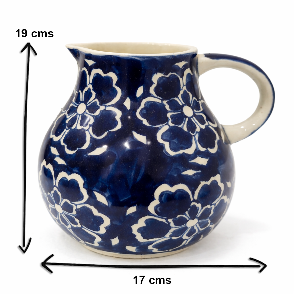 House of Elegance Hub Handcrafted Blue Ceramic Jug | Floral Printed Water & Juice Pitcher | Multipurpose Flower Vase | 19 cm Decorative Jug for Dining, Kitchen & Balcony