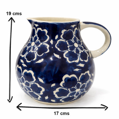 House of Elegance Hub Handcrafted Blue Ceramic Jug | Floral Printed Water & Juice Pitcher | Multipurpose Flower Vase | 19 cm Decorative Jug for Dining, Kitchen & Balcony