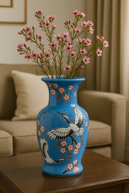 Japanese Porcelain Vase | Imported Crane & Cherry Blossom Design | Available in 3 Colors