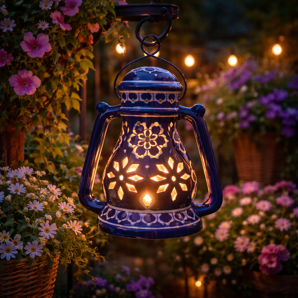 House of Elegance Hub Handcrafted Yellow Ceramic Lantern with Handle | 27 cm Height, 23 cm Width | Decorative Candle Holder Lantern | Traditional Home Décor