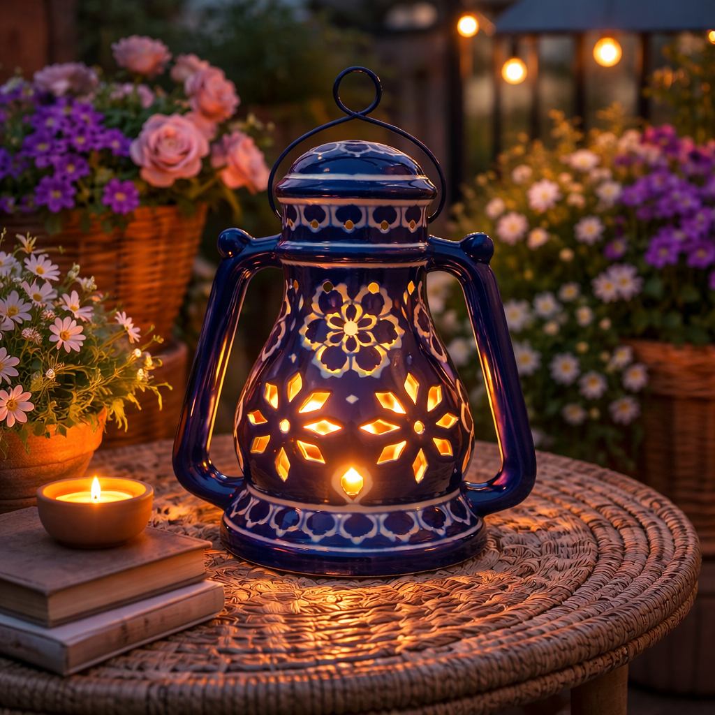 House of Elegance Hub Handcrafted Yellow Ceramic Lantern with Handle | 27 cm Height, 23 cm Width | Decorative Candle Holder Lantern | Traditional Home Décor