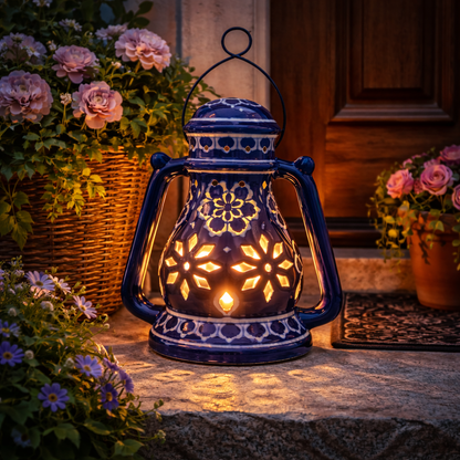 House of Elegance Hub Handcrafted Yellow Ceramic Lantern with Handle | 27 cm Height, 23 cm Width | Decorative Candle Holder Lantern | Traditional Home Décor