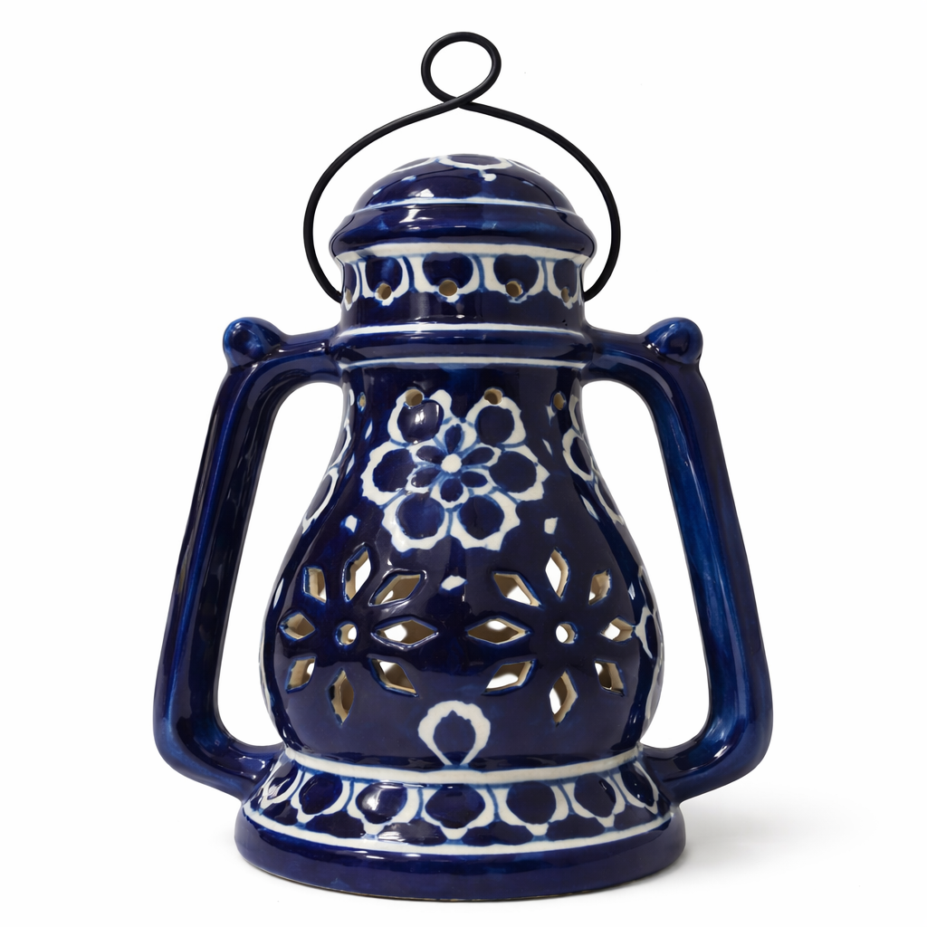 House of Elegance Hub Handcrafted Yellow Ceramic Lantern with Handle | 27 cm Height, 23 cm Width | Decorative Candle Holder Lantern | Traditional Home Décor