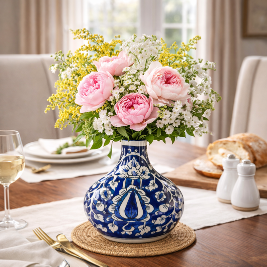 House of Elegance Hub Blue & White Printed Ceramic Vase | Handcrafted Decorative Flower Vase for Home Décor | Classic Tabletop Accent Vase (17 cm Height)
