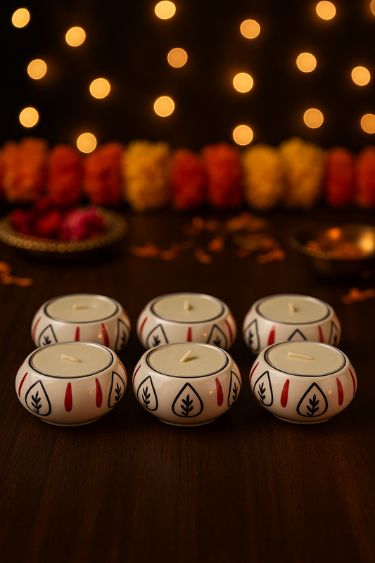 Ceramic Decorative Diya Gift Box | Set of 6 Designer Diyas | Diwali & Festival Décor