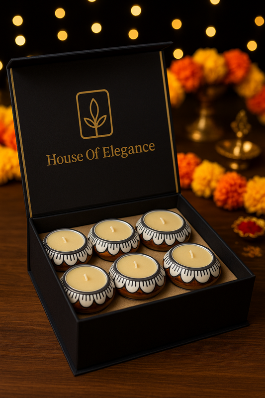 Ceramic Decorative Diya Gift Box | Set of 6 Designer Diyas | Diwali & Festival Décor
