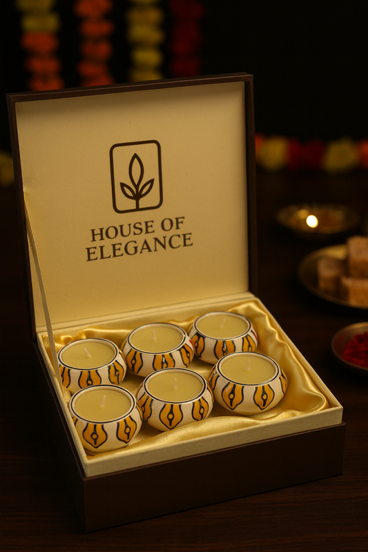 Ceramic Decorative Diya Gift Box | Set of 6 Designer Diyas | Diwali & Festival Décor | Yellow and white