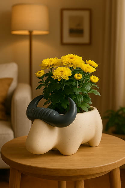 Bull-Shaped Ceramic Planter – 20 cm Length, 12 cm Height, 12 cm Width | Unique Animal Planter