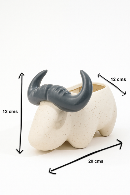 Bull-Shaped Ceramic Planter – 20 cm Length, 12 cm Height, 12 cm Width | Unique Animal Planter