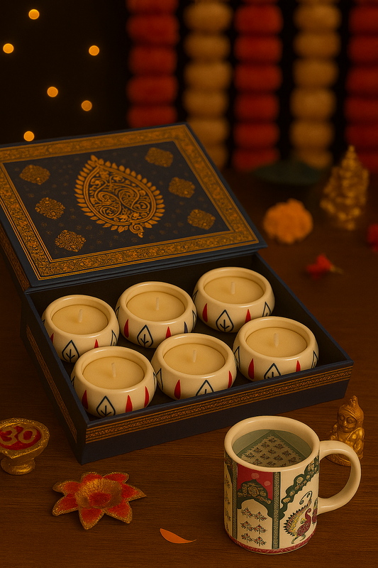 Ceramic Decorative Diya Gift Box | Set of 6 Designer Diyas | Diwali & Festival Décor