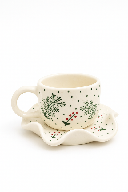 Christmas Ceramic Cup & Wavy Plate Set – Festive Hand-Painted Holiday Serveware