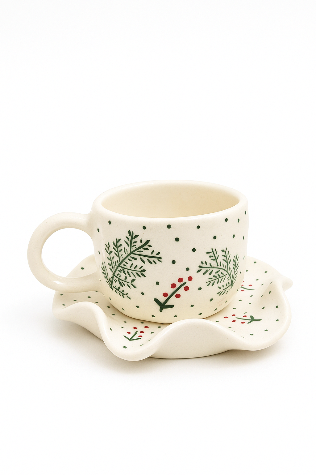 Christmas Ceramic Cup & Wavy Plate Set – Festive Hand-Painted Holiday Serveware