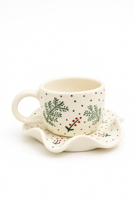 Christmas Ceramic Cup & Wavy Plate Set – Festive Hand-Painted Holiday Serveware