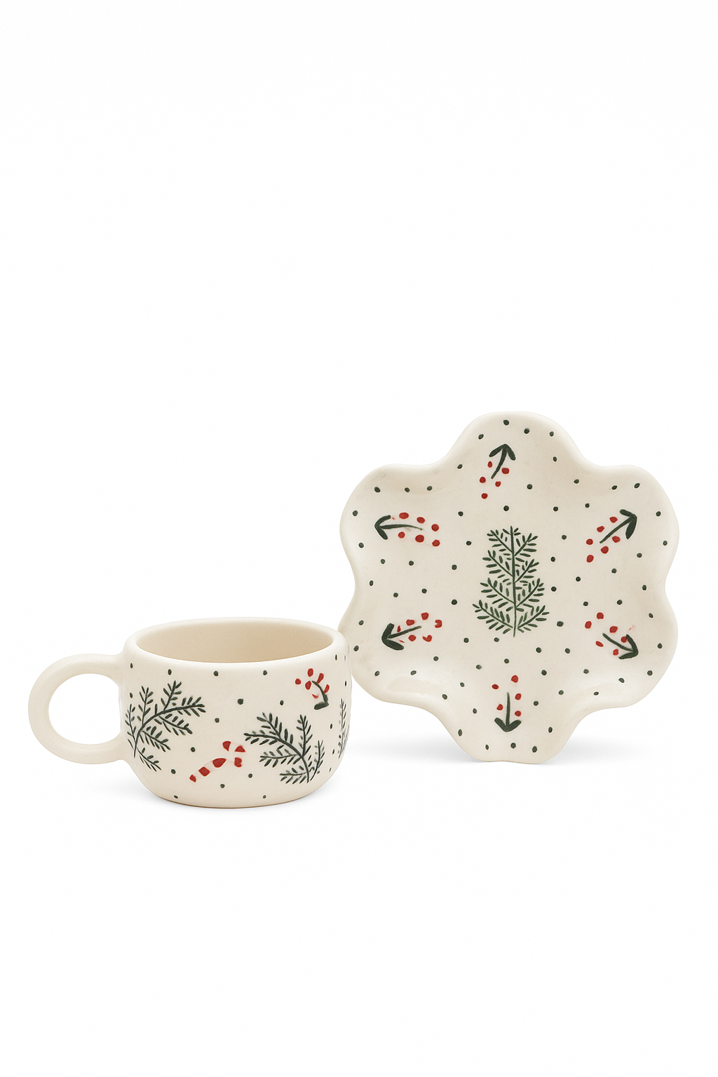 Christmas Ceramic Cup & Wavy Plate Set – Festive Hand-Painted Holiday Serveware