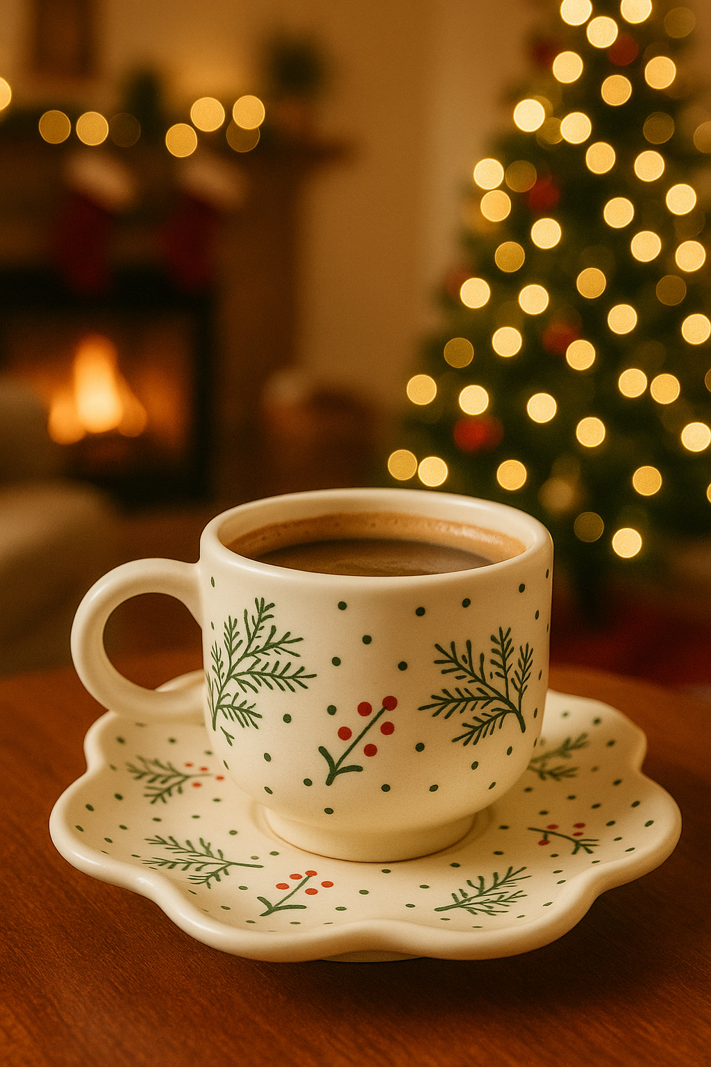 Christmas Ceramic Cup & Wavy Plate Set – Festive Hand-Painted Holiday Serveware