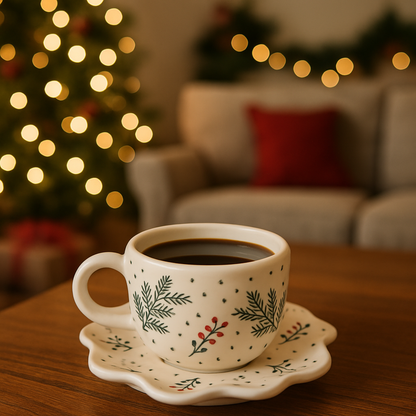 Christmas Ceramic Cup & Wavy Plate Set – Festive Hand-Painted Holiday Serveware