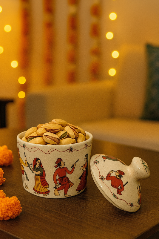 Ceramic Serveware Jar with Lid – 200 ml | Hand-Painted Dandiya Design | Dry Fruit & Snack Container for Guests & Festive Celebrations