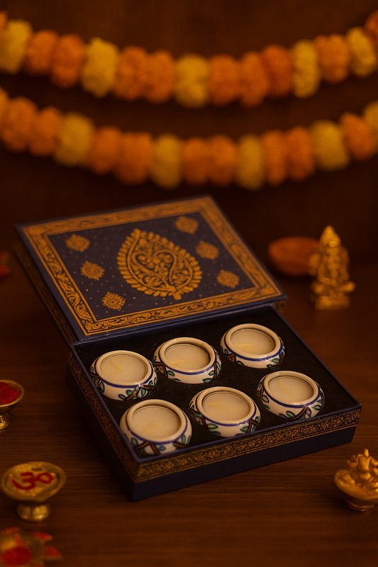 Ceramic Decorative Diya Gift Box | Set of 6 Designer Diyas | Diwali & Festival Décor