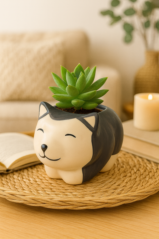 Cute Husky Dog Ceramic Planter – Mini Animal Succulent Pot for Home & Office Decor (11 × 7 × 7 cm)