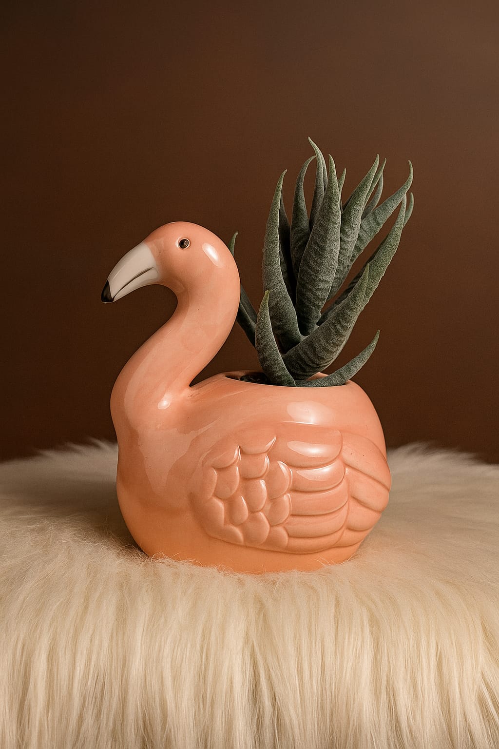 Flamingo Ceramic Planter with Faux Succulent | Cute Animal Home Décor | 12cm width and 13.5 cm Height