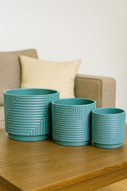 Premium Ceramic Green Abstract Planters | Set of 3 Artistic Pots | Modern Home Décor