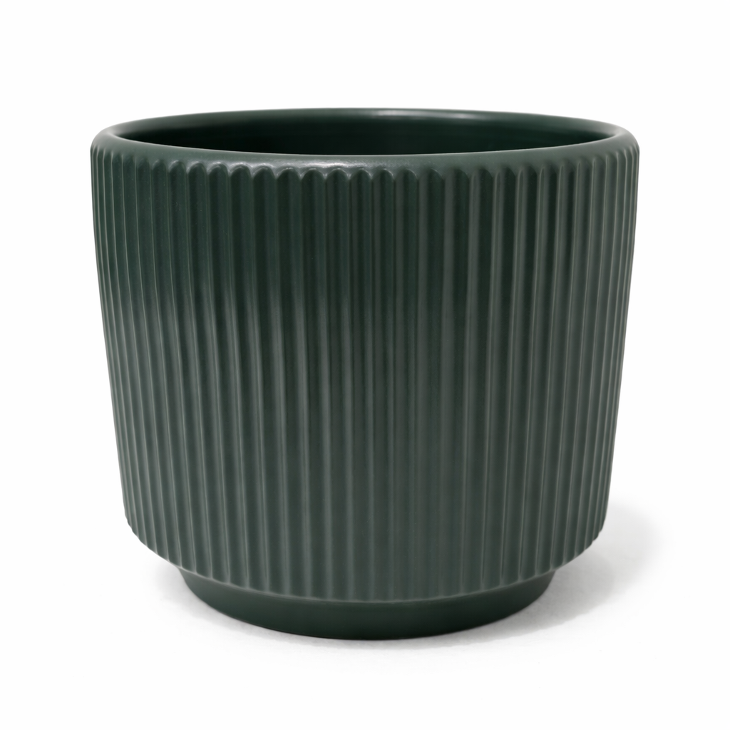 House of Eleganve Hub Green Premium Porcelain Ceramic Planter Pot for Indoor Plants | 12 cm Round Ribbed Design | Modern Decorative Flower Pot for Home, Office & Living Room