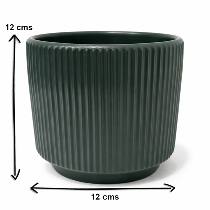 House of Eleganve Hub Green Premium Porcelain Ceramic Planter Pot for Indoor Plants | 12 cm Round Ribbed Design | Modern Decorative Flower Pot for Home, Office & Living Room