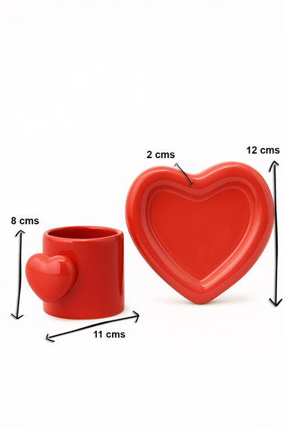 Red Heart Handle Cup with Heart-Shaped Saucer | Ceramic Coffee Cup Set | 8 cm (Height) × 11 cm (Width including handle)