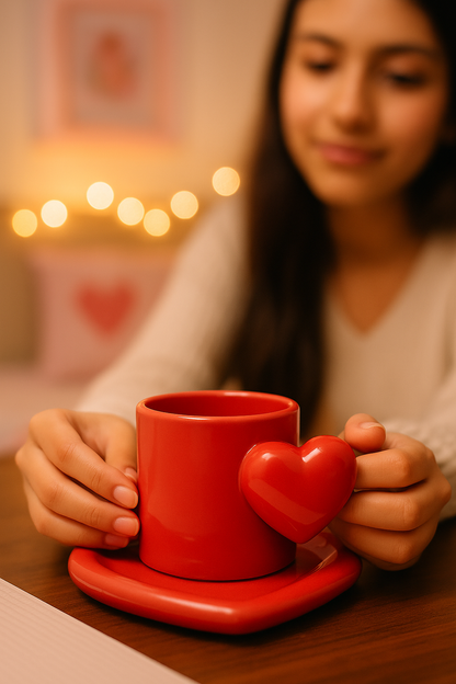 Red Heart Handle Cup with Heart-Shaped Saucer | Ceramic Coffee Cup Set | 8 cm (Height) × 11 cm (Width including handle)