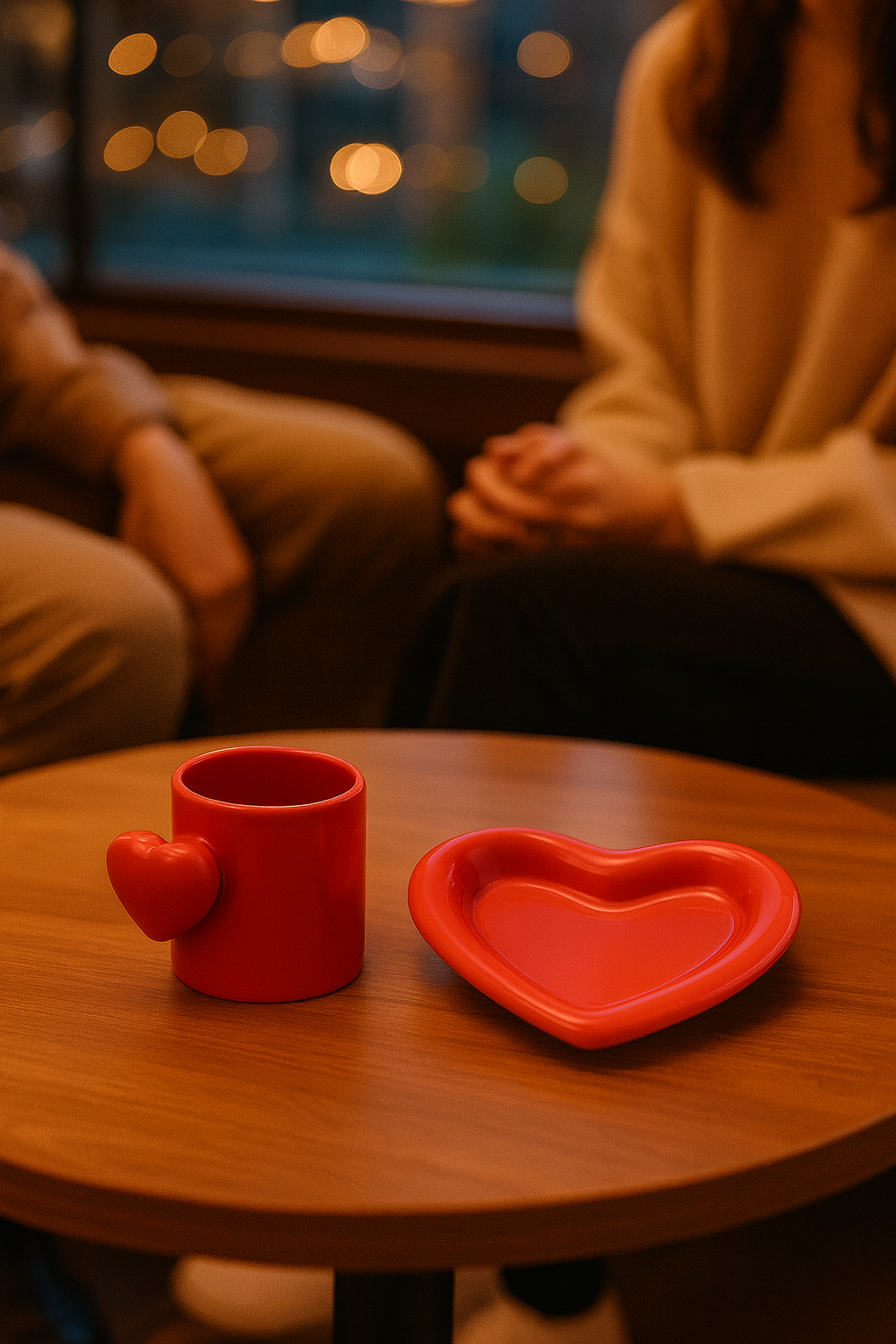 Red Heart Handle Cup with Heart-Shaped Saucer | Ceramic Coffee Cup Set | 8 cm (Height) × 11 cm (Width including handle)