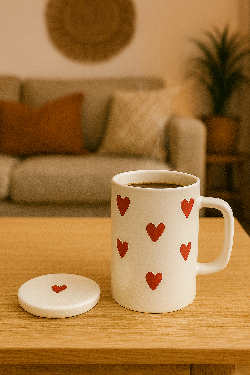 Long Ceramic Heart Mug with Lid – 12.5 cm Tall Coffee Cup | Cute Valentine Gift | Hot Beverage Mug