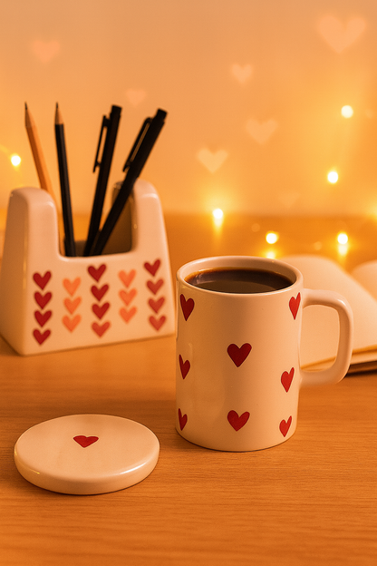 Long Ceramic Heart Mug with Lid – 12.5 cm Tall Coffee Cup | Cute Valentine Gift | Hot Beverage Mug