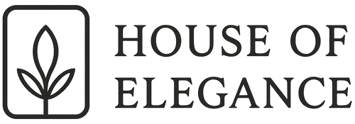 Logo for 'House of Elegance' with a leaf symbol on a white background