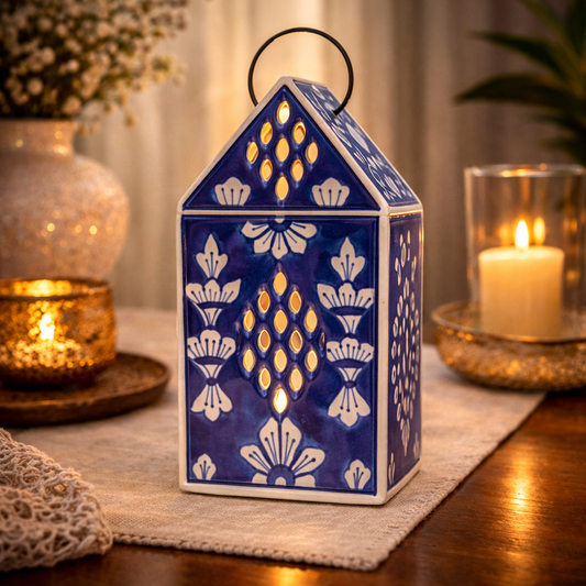 House of Elegance Hub Handcrafted Ceramic Hut Candle Holder | Blue & White Decorative Tea Light Lantern for Home Décor | Tabletop & Hanging Use (21 cm Height)