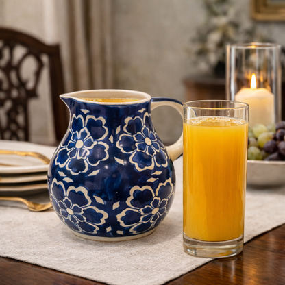 House of Elegance Hub Handcrafted Blue Ceramic Jug | Floral Printed Water & Juice Pitcher | Multipurpose Flower Vase | 19 cm Decorative Jug for Dining, Kitchen & Balcony