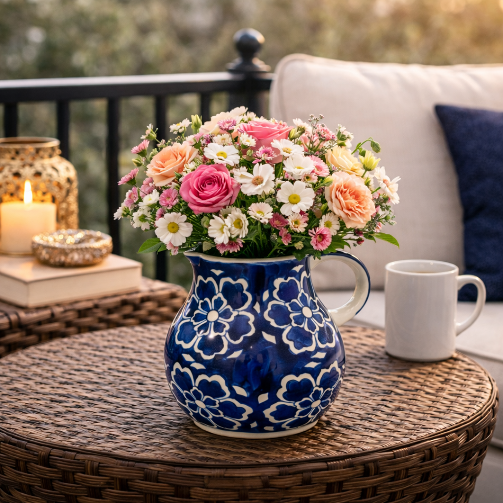 House of Elegance Hub Handcrafted Blue Ceramic Jug | Floral Printed Water & Juice Pitcher | Multipurpose Flower Vase | 19 cm Decorative Jug for Dining, Kitchen & Balcony