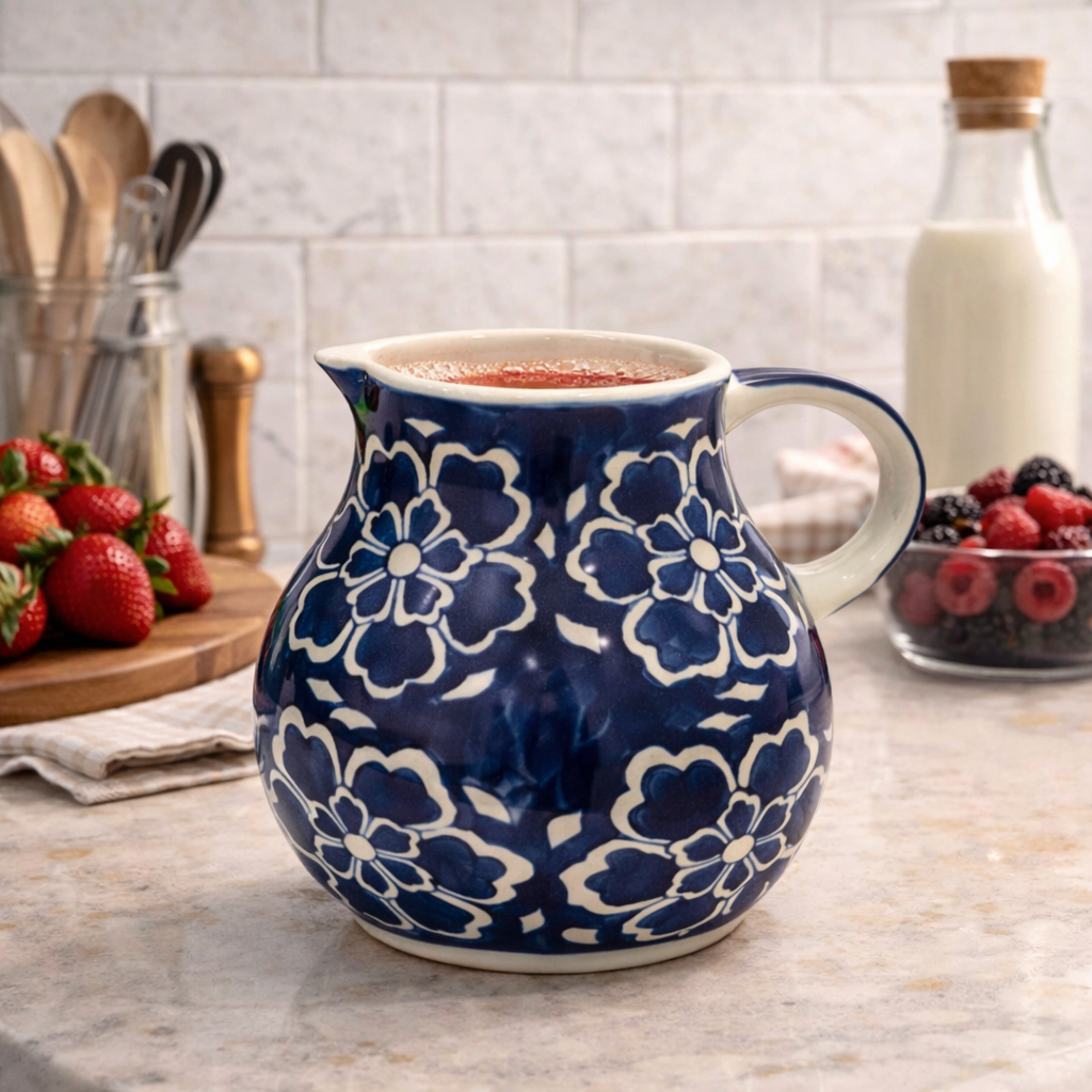 House of Elegance Hub Handcrafted Blue Ceramic Jug | Floral Printed Water & Juice Pitcher | Multipurpose Flower Vase | 19 cm Decorative Jug for Dining, Kitchen & Balcony