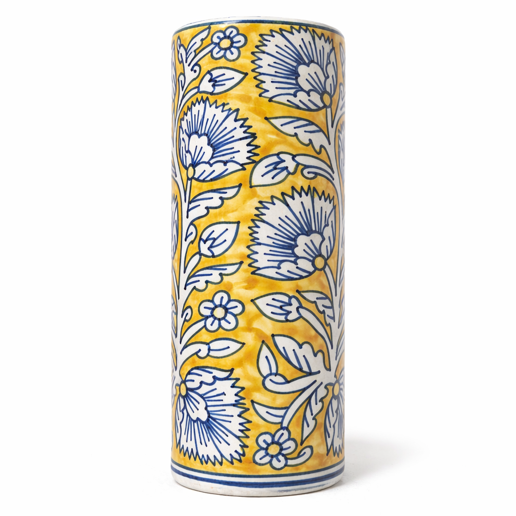 House of Elegance Hub Handcrafted Ceramic Tall Vase | Yellow & Blue Floral Design | 26 cm Decorative Flower Vase for Living Room, Dining Table & Home Décor