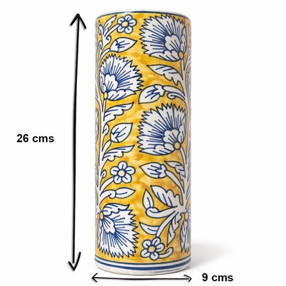 House of Elegance Hub Handcrafted Ceramic Tall Vase | Yellow & Blue Floral Design | 26 cm Decorative Flower Vase for Living Room, Dining Table & Home Décor