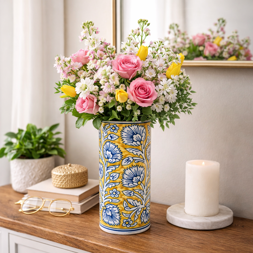 House of Elegance Hub Handcrafted Ceramic Tall Vase | Yellow & Blue Floral Design | 26 cm Decorative Flower Vase for Living Room, Dining Table & Home Décor