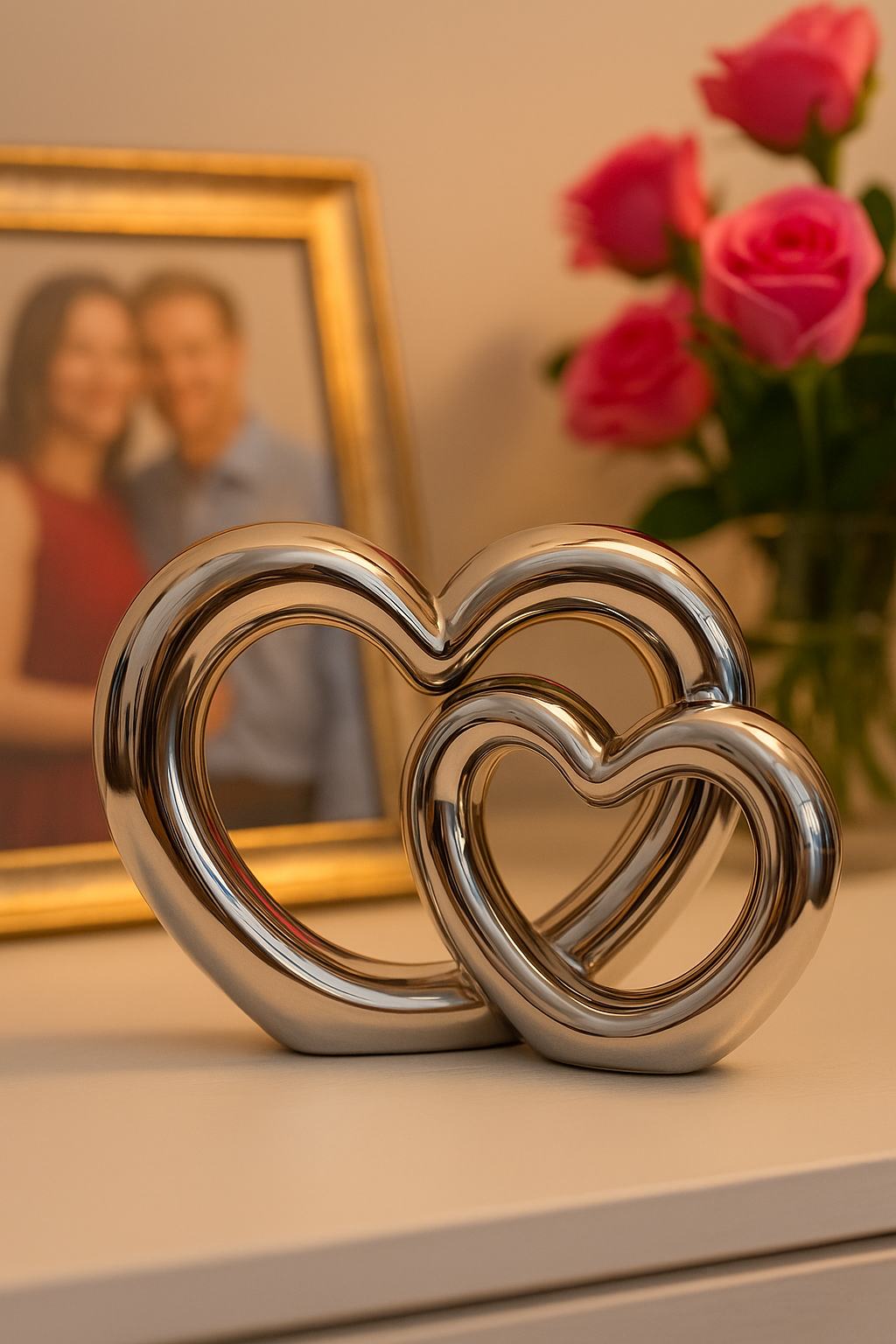 Set of 2 Metal Heart Decor | Silver Double Heart Sculpture for Home & Gifting | 15 cm × 13 cm