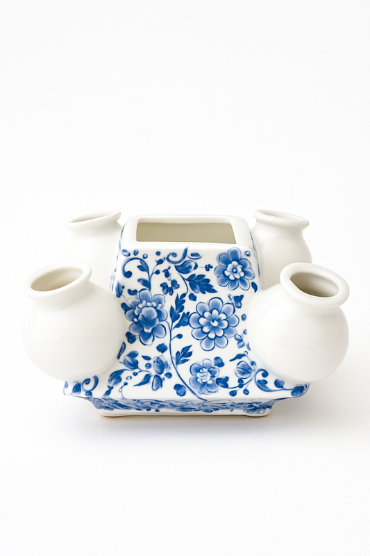 Blue & White Multi-Mouth Ceramic Flower Vase – 4 Mouth Delft-Style Table Decor (13 cm x 19 cm)
