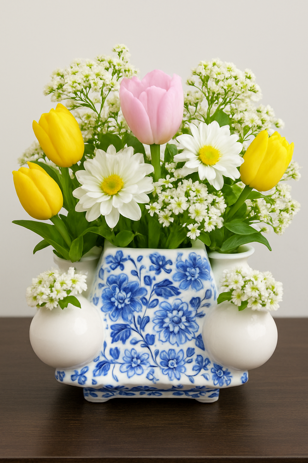 Blue & White Multi-Mouth Ceramic Flower Vase – 4 Mouth Delft-Style Table Decor (13 cm x 19 cm)