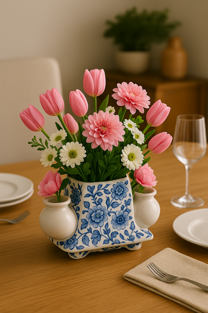 Blue & White Multi-Mouth Ceramic Flower Vase – 4 Mouth Delft-Style Table Decor (13 cm x 19 cm)