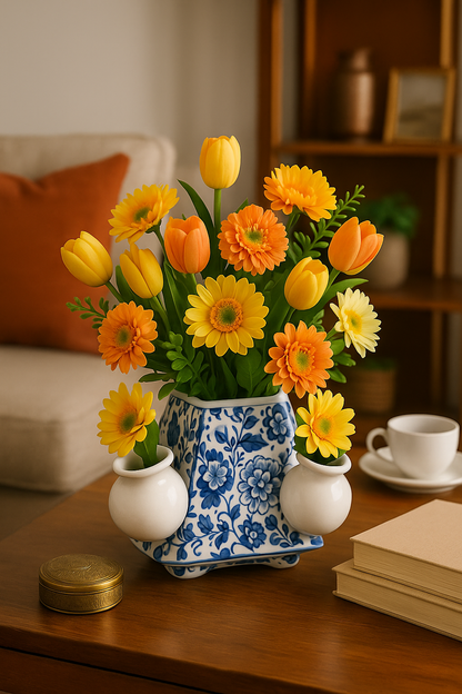 Blue & White Multi-Mouth Ceramic Flower Vase – 4 Mouth Delft-Style Table Decor (13 cm x 19 cm)