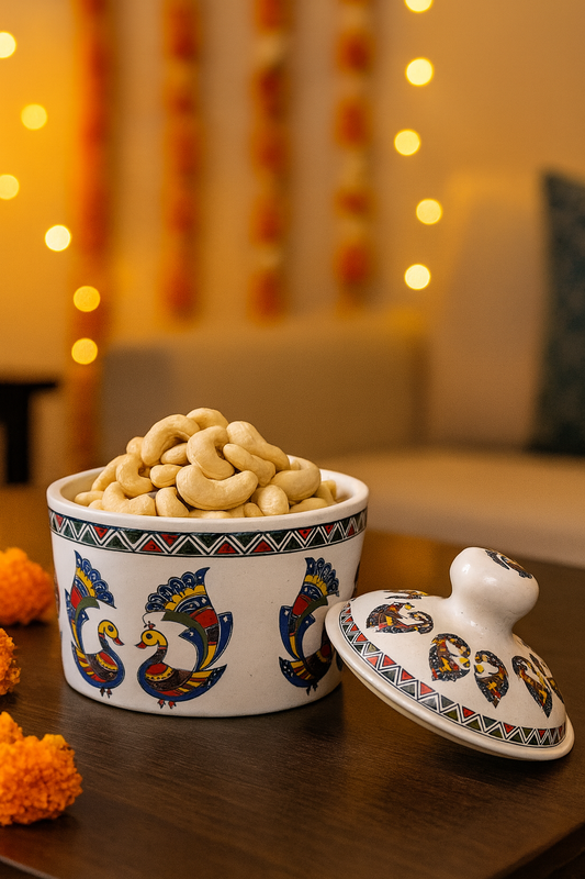 Ceramic Serveware Jar with Lid – 200 ml | Hand-Painted Peacock Design | Dry Fruit & Snack Container for Guests & Festive Gatherings