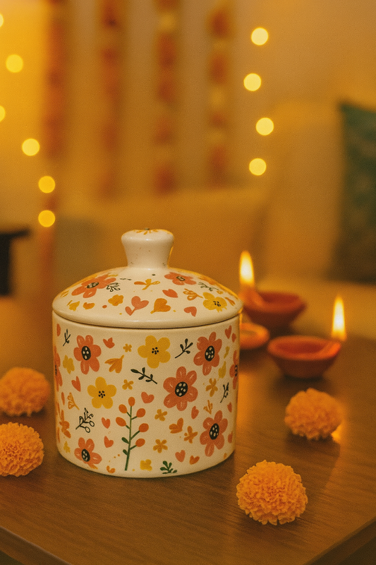 Ceramic Storage Jar with Lid | Multicolour Floral Design | Kitchen Container for dryfruits, snacks | 300ml