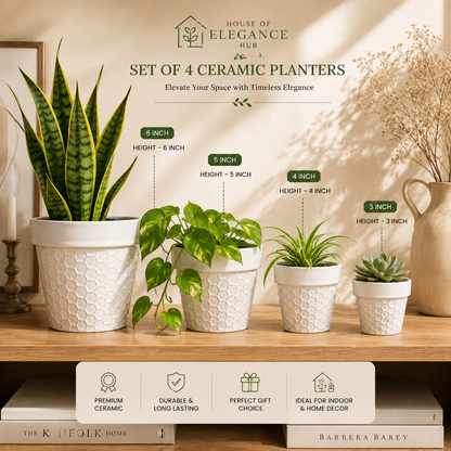 House of Elegance Hub Ceramic Planter Set of 4 | White Embossed Indoor Plant Pots for Home Décor | Modern Decorative Ceramic Flower Pots for Succulents, Snake Plant, Pothos & Indoor Plants