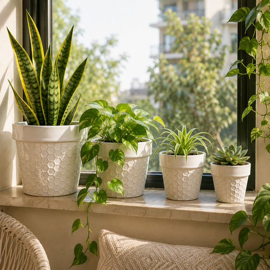 House of Elegance Hub Ceramic Planter Set of 4 | White Embossed Indoor Plant Pots for Home Décor | Modern Decorative Ceramic Flower Pots for Succulents, Snake Plant, Pothos & Indoor Plants