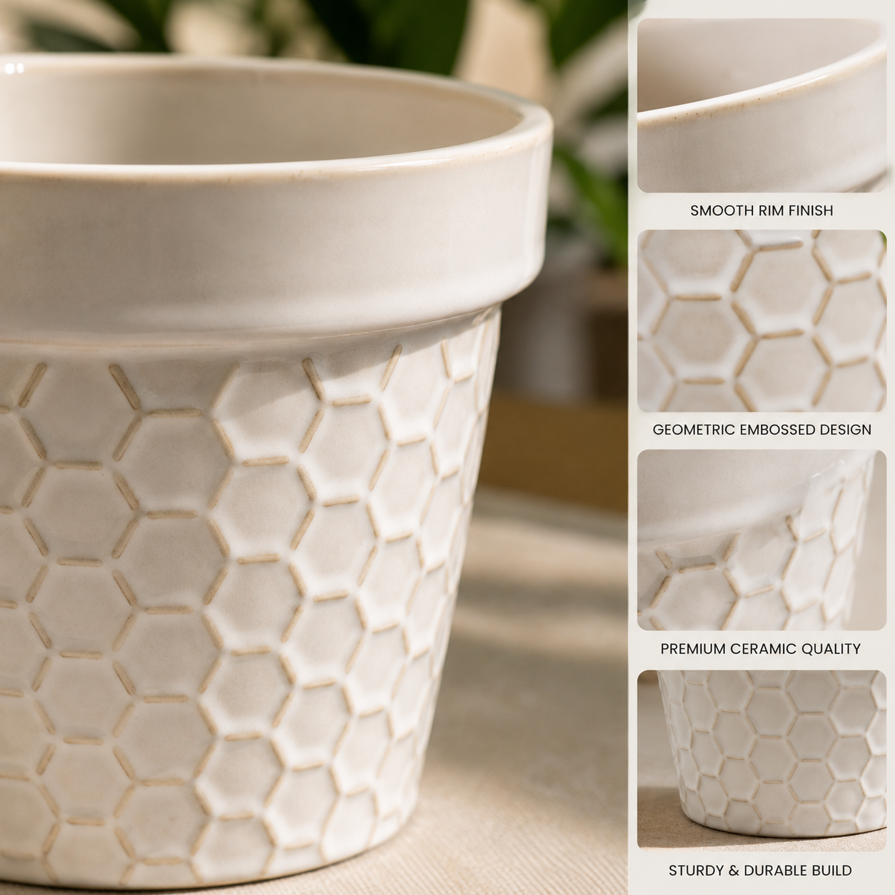 House of Elegance Hub Ceramic Planter Set of 4 | White Embossed Indoor Plant Pots for Home Décor | Modern Decorative Ceramic Flower Pots for Succulents, Snake Plant, Pothos & Indoor Plants